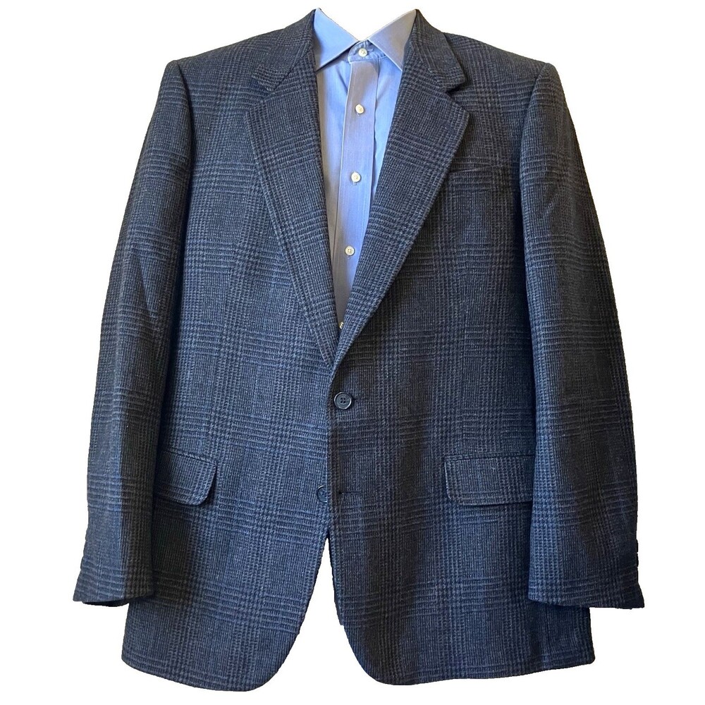 Woodmere Vintage Wool Sport Coat Glen Plaid Blue Gray 42 L Preppy Academia